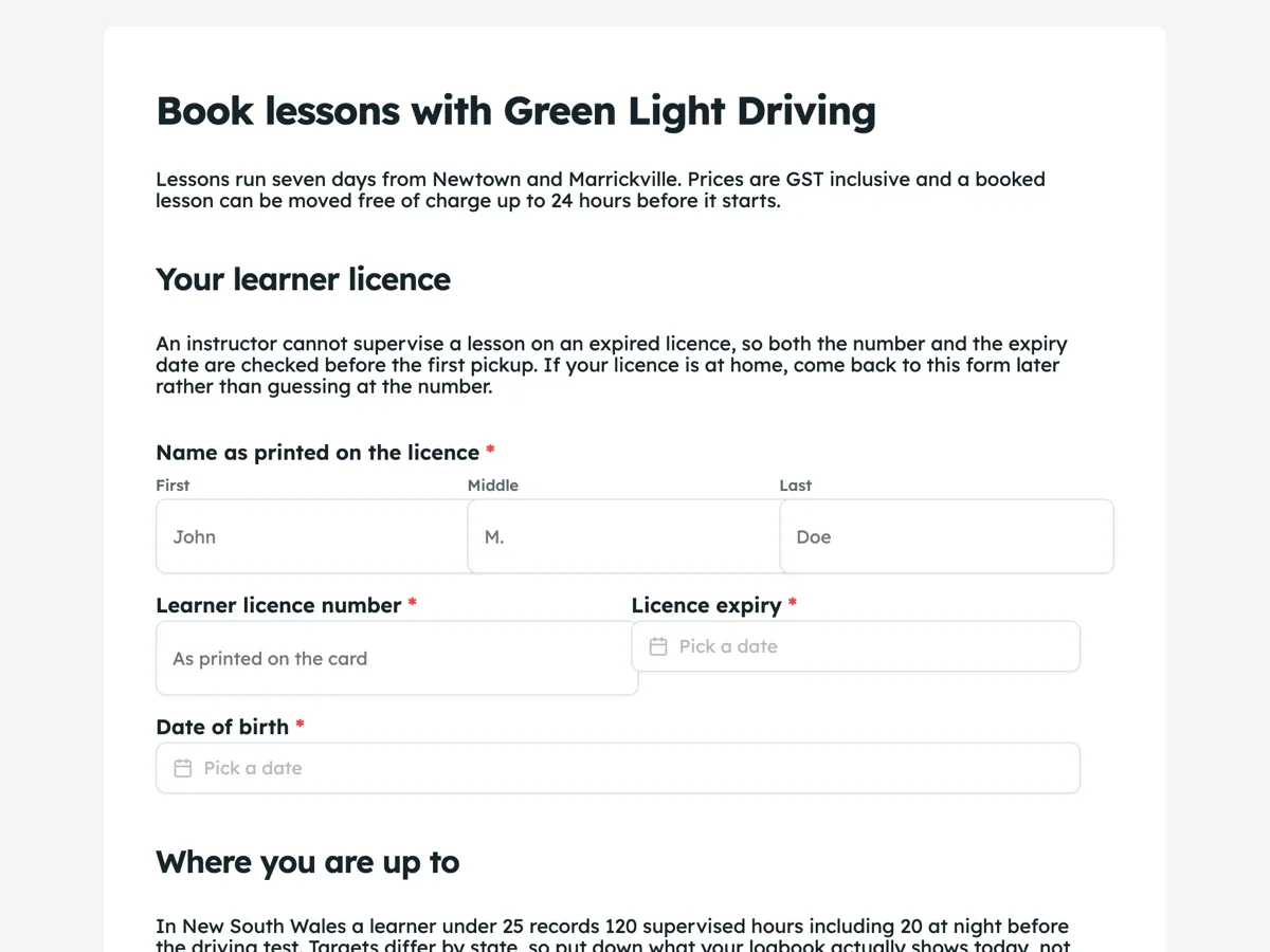 Top of the driving lesson registration form with the licence details example