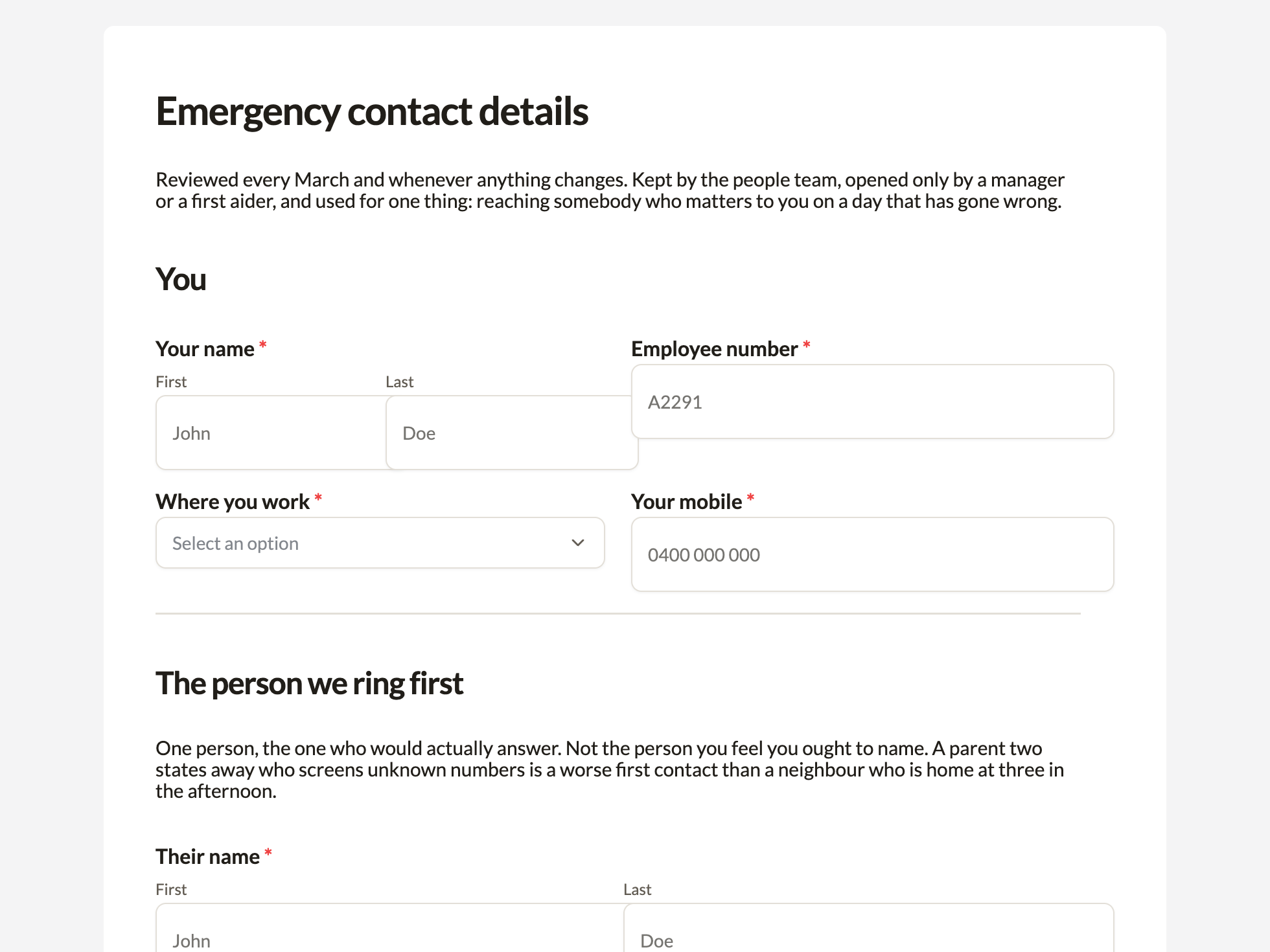 Welcome screen of the emergency contact form example
