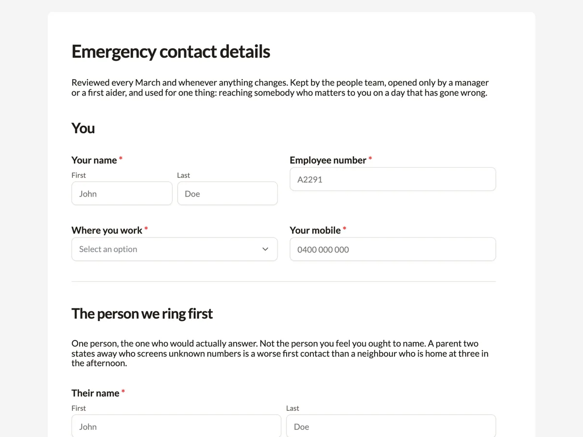 Top of the emergency contact form example