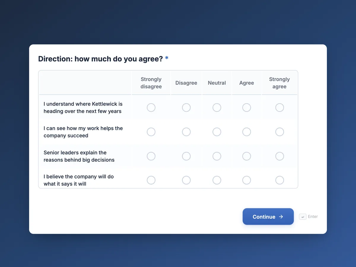 Top of the employee engagement survey template: 20 statements in five themes example