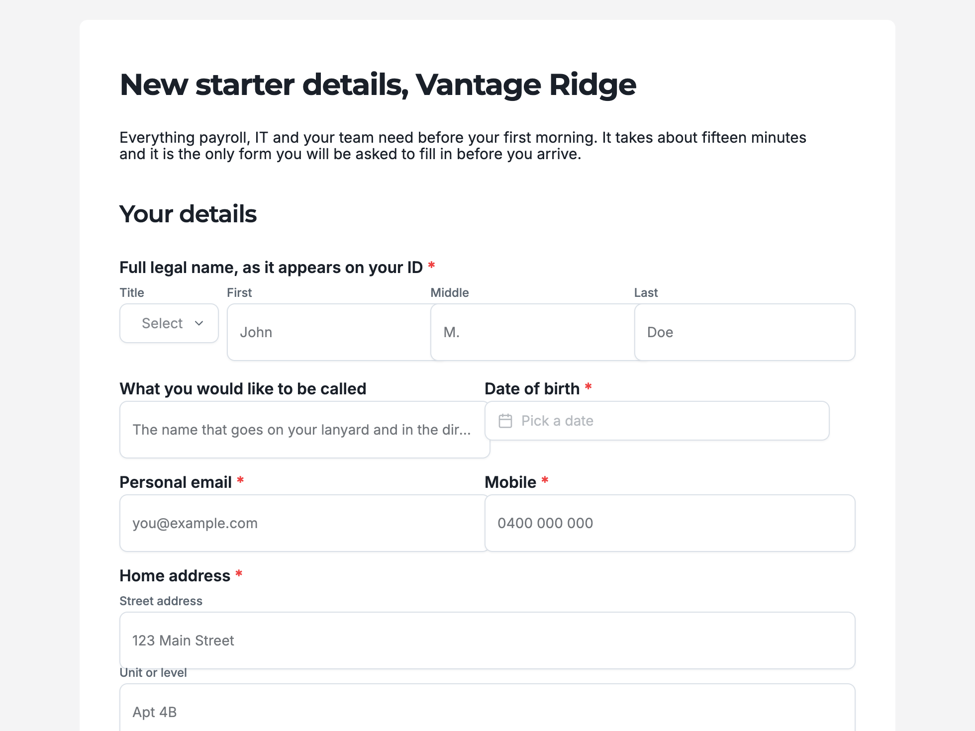 New employee onboarding form example