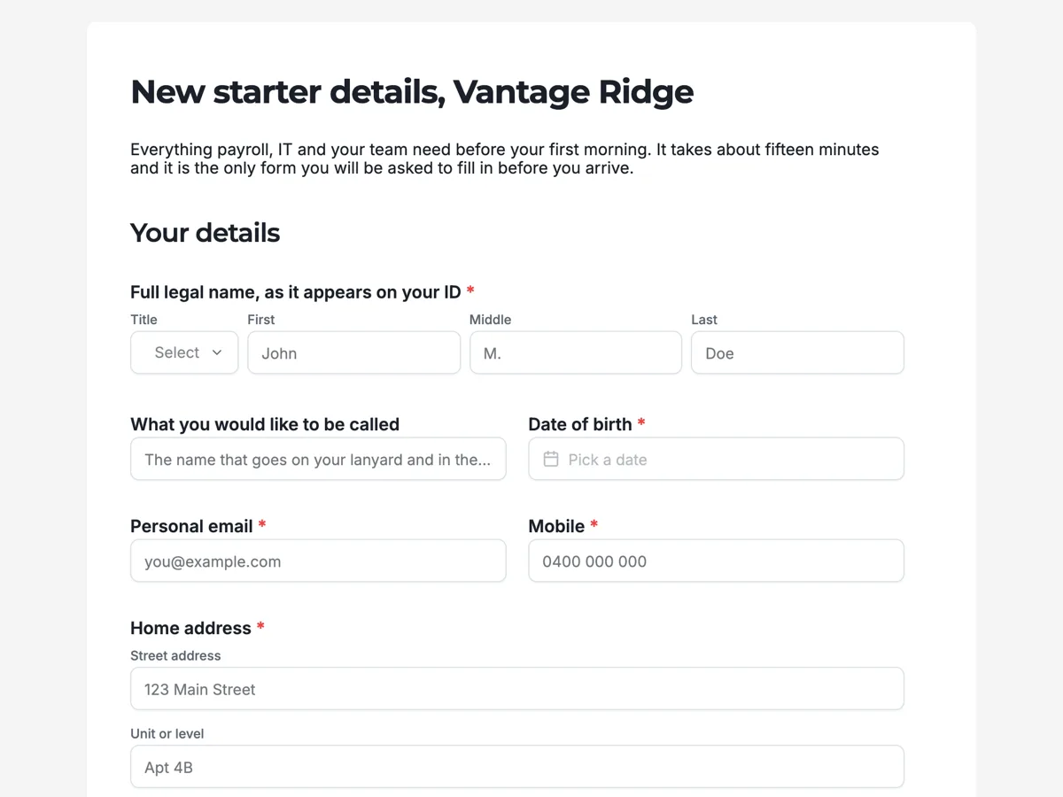 New employee onboarding form example