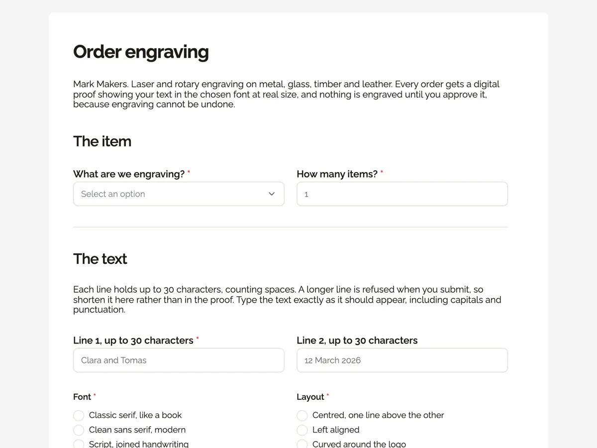 Top of the engraving order form with a text proof and font choice example