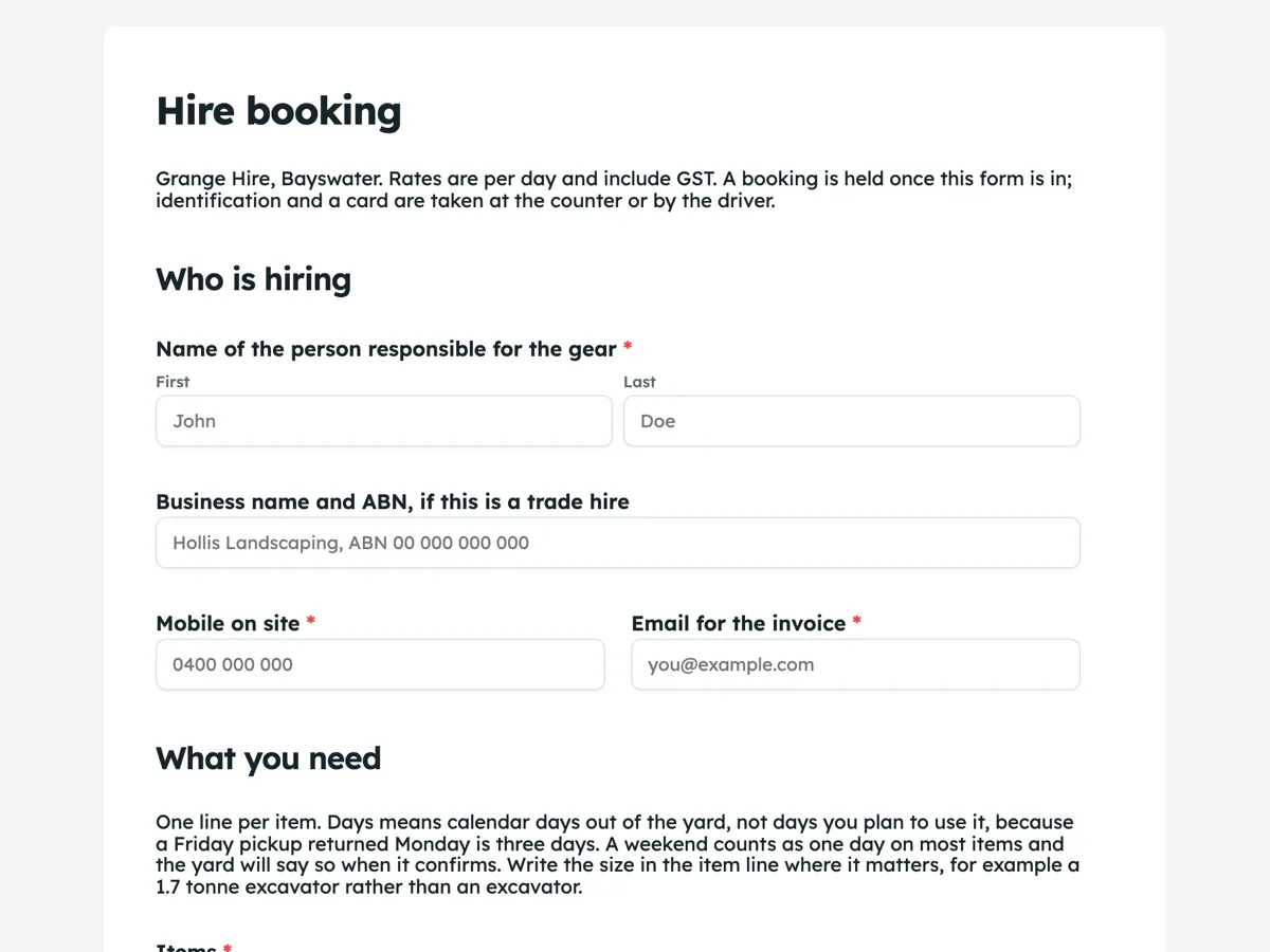 Top of the equipment hire booking form with the items as a table example