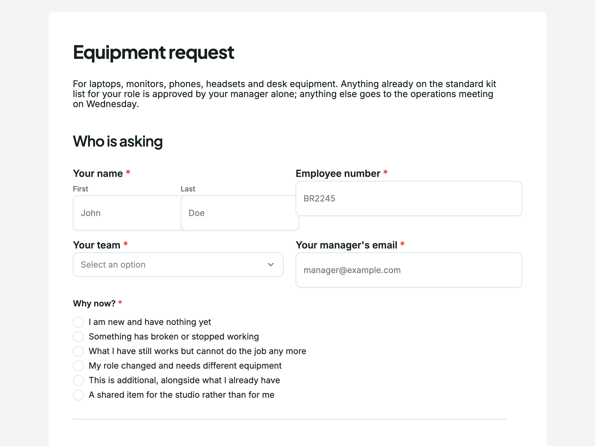 Welcome screen of the equipment request form example