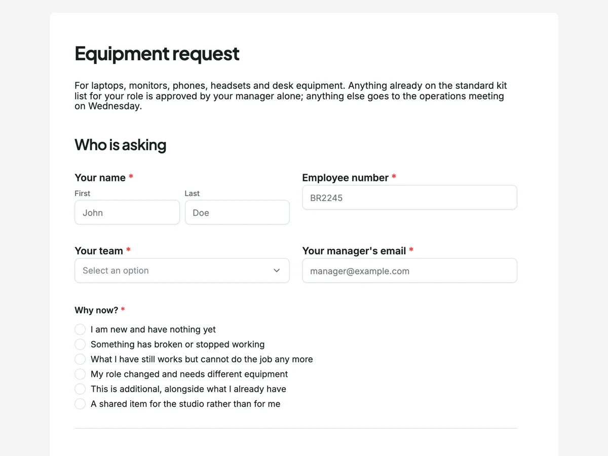 Top of the equipment request form example