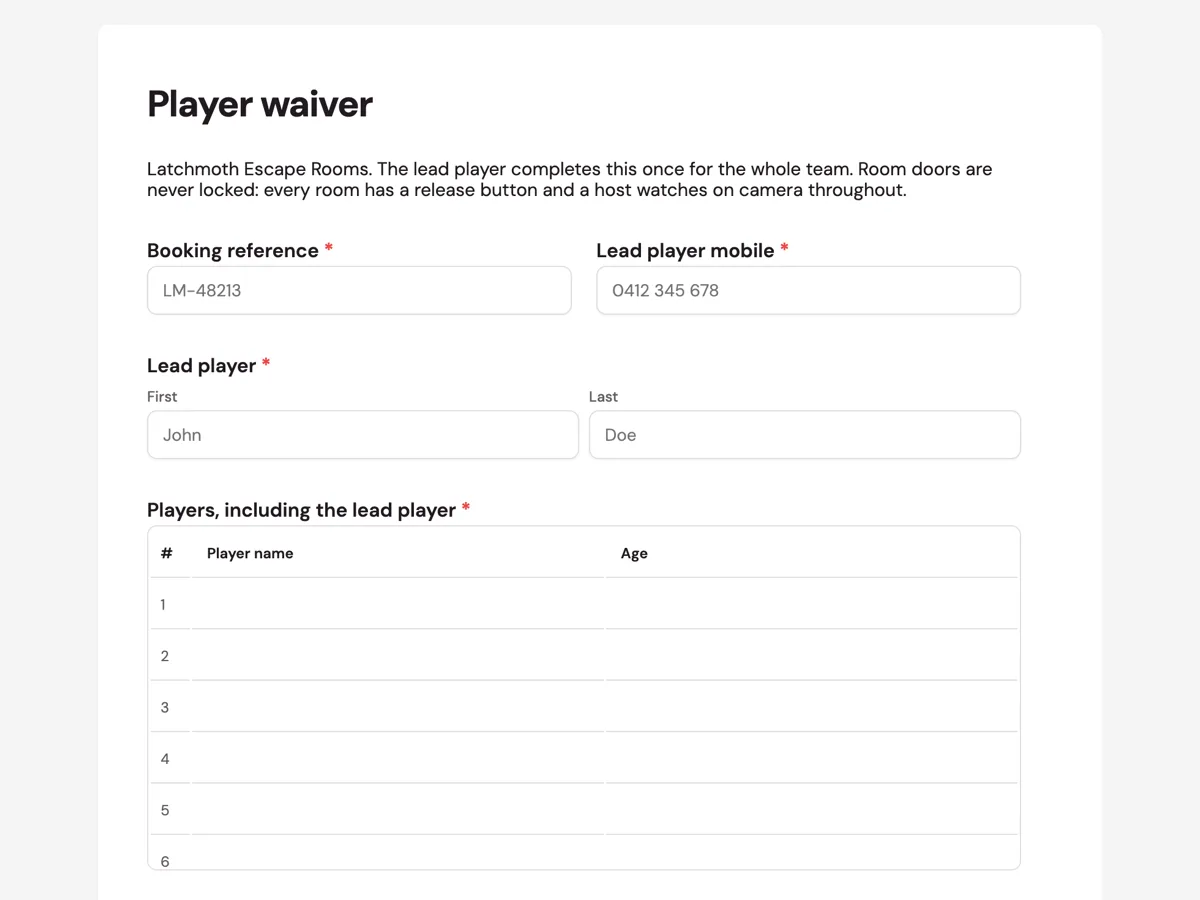 Top of the escape room waiver with a player table and a claustrophobia check example