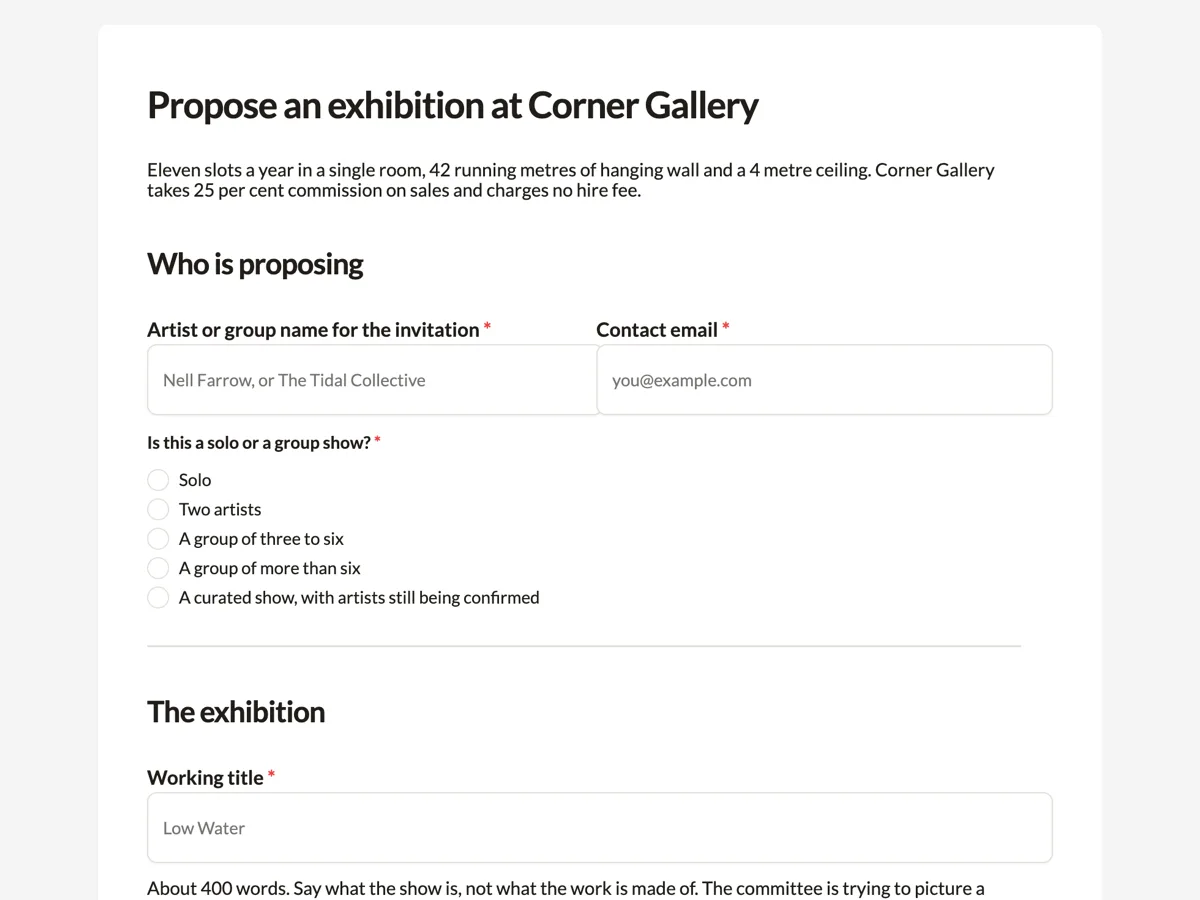 Top of the art exhibition proposal form with a works list and install needs example