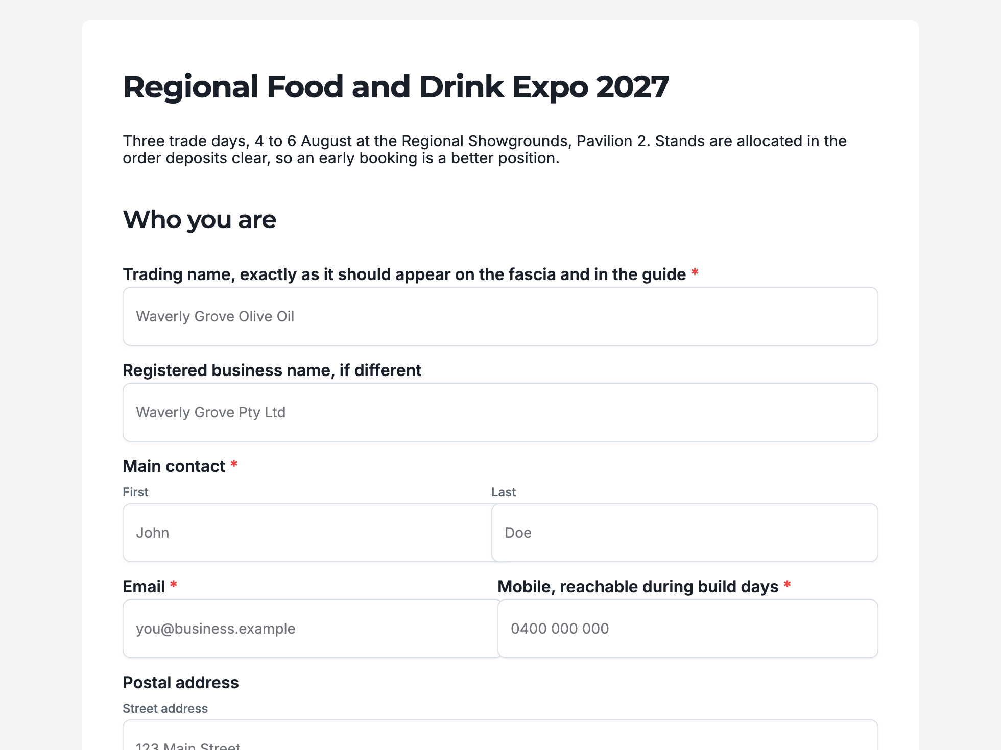 Welcome screen of the exhibitor stand booking form example
