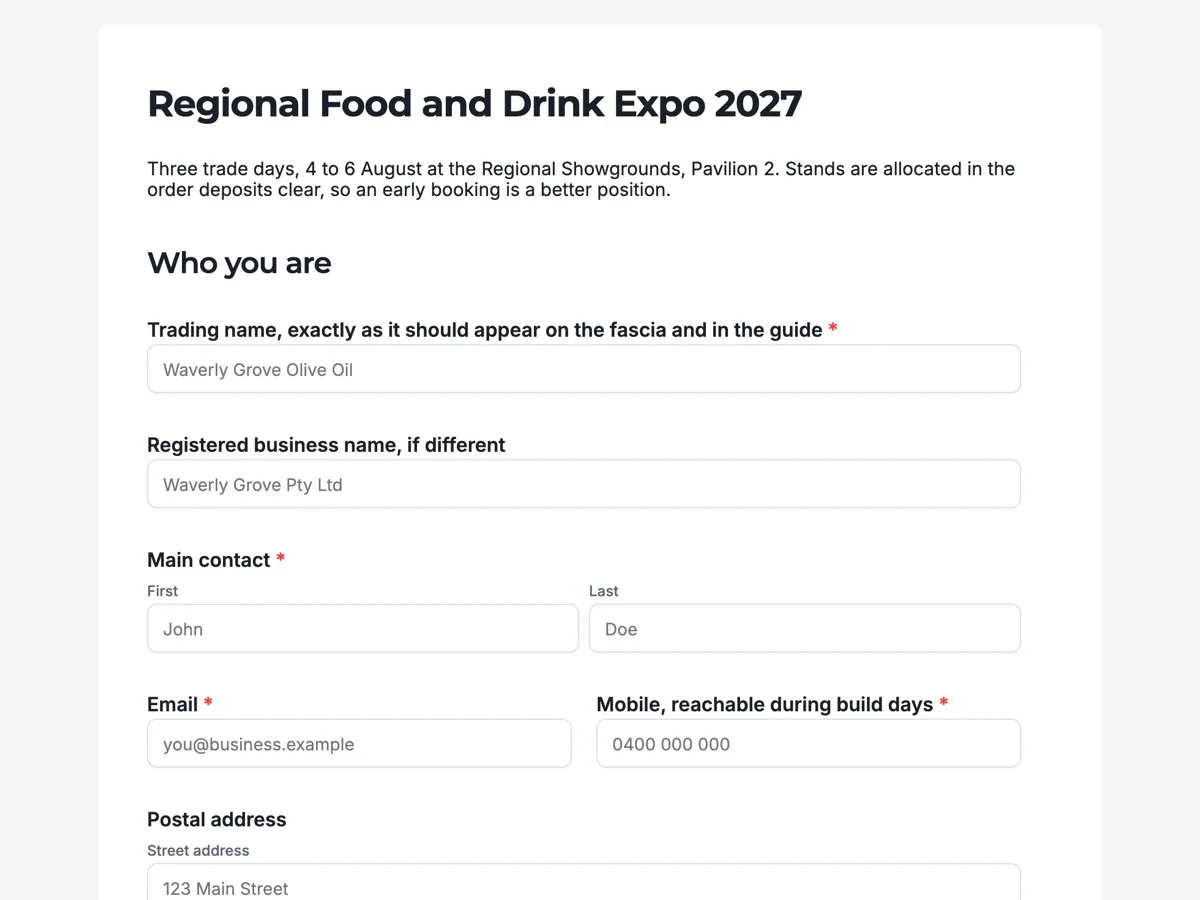 Top of the exhibitor stand booking form example