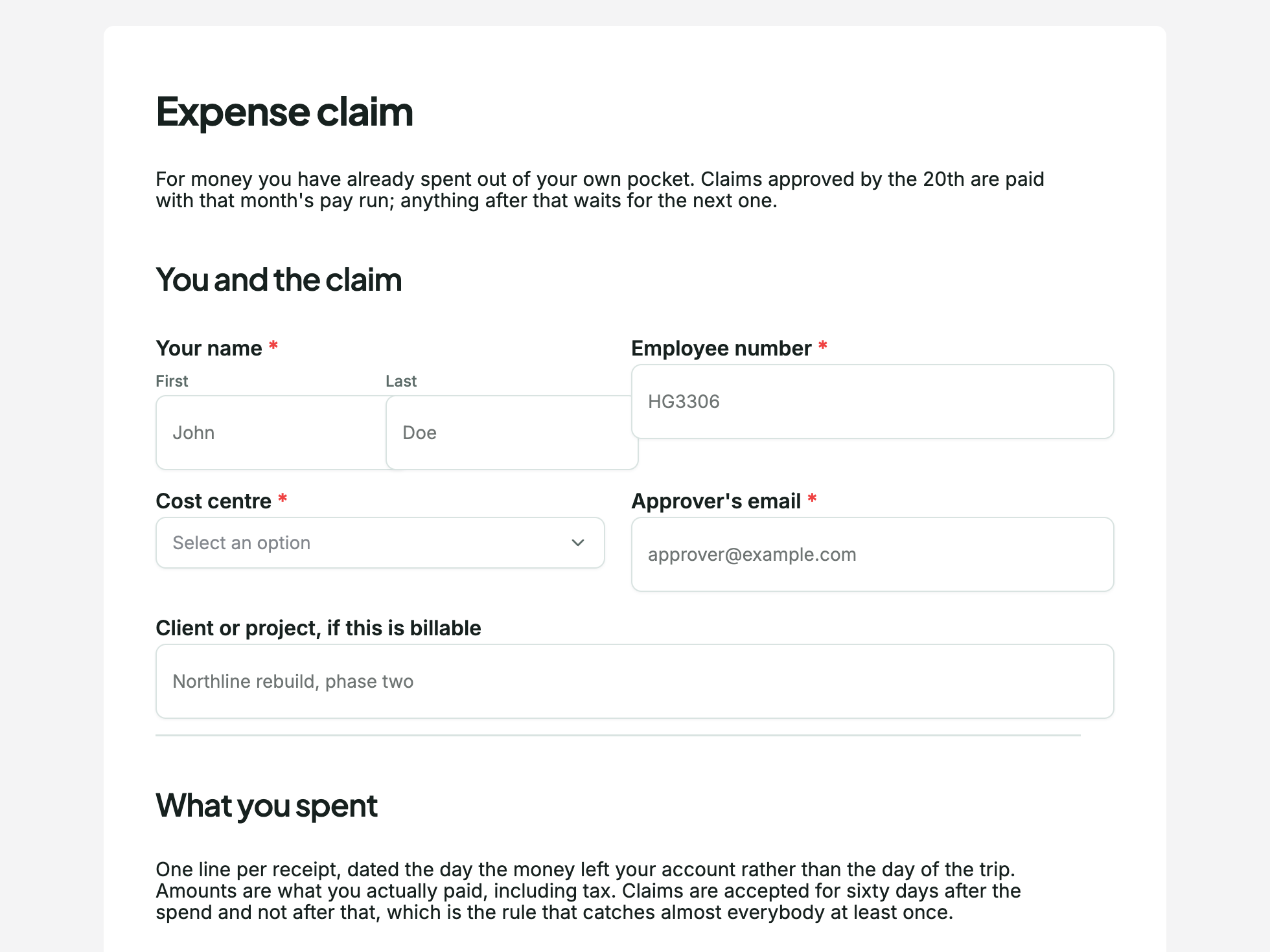 Welcome screen of the expense claim form example