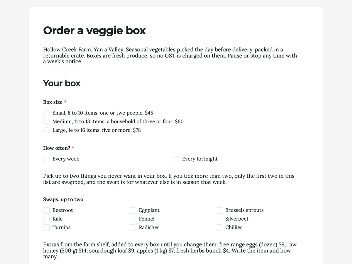 Veggie box order form with swaps and gate instructions example