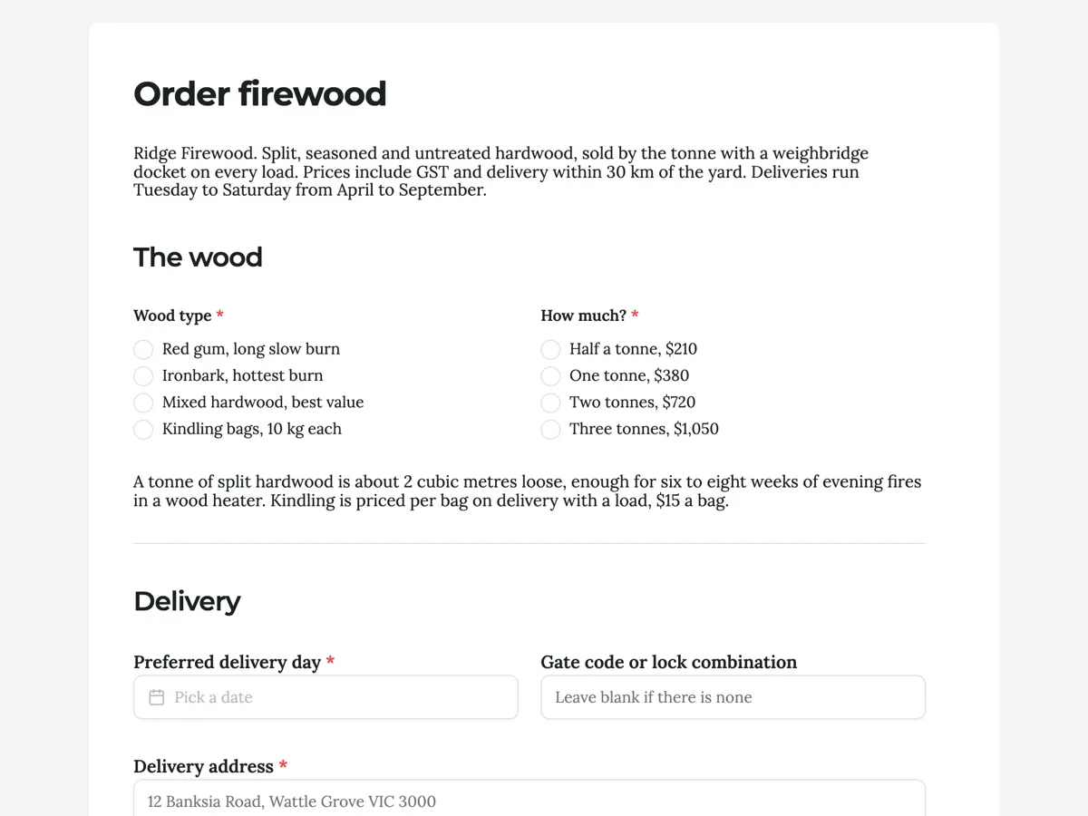 Top of the firewood order form with delivery access and stacking example