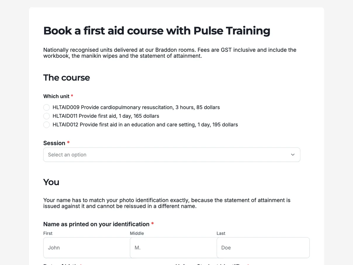 Top of the first aid course registration form with the usi on it example