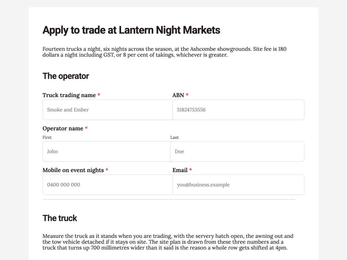 Top of the food truck event application form with menu, amps and permits example