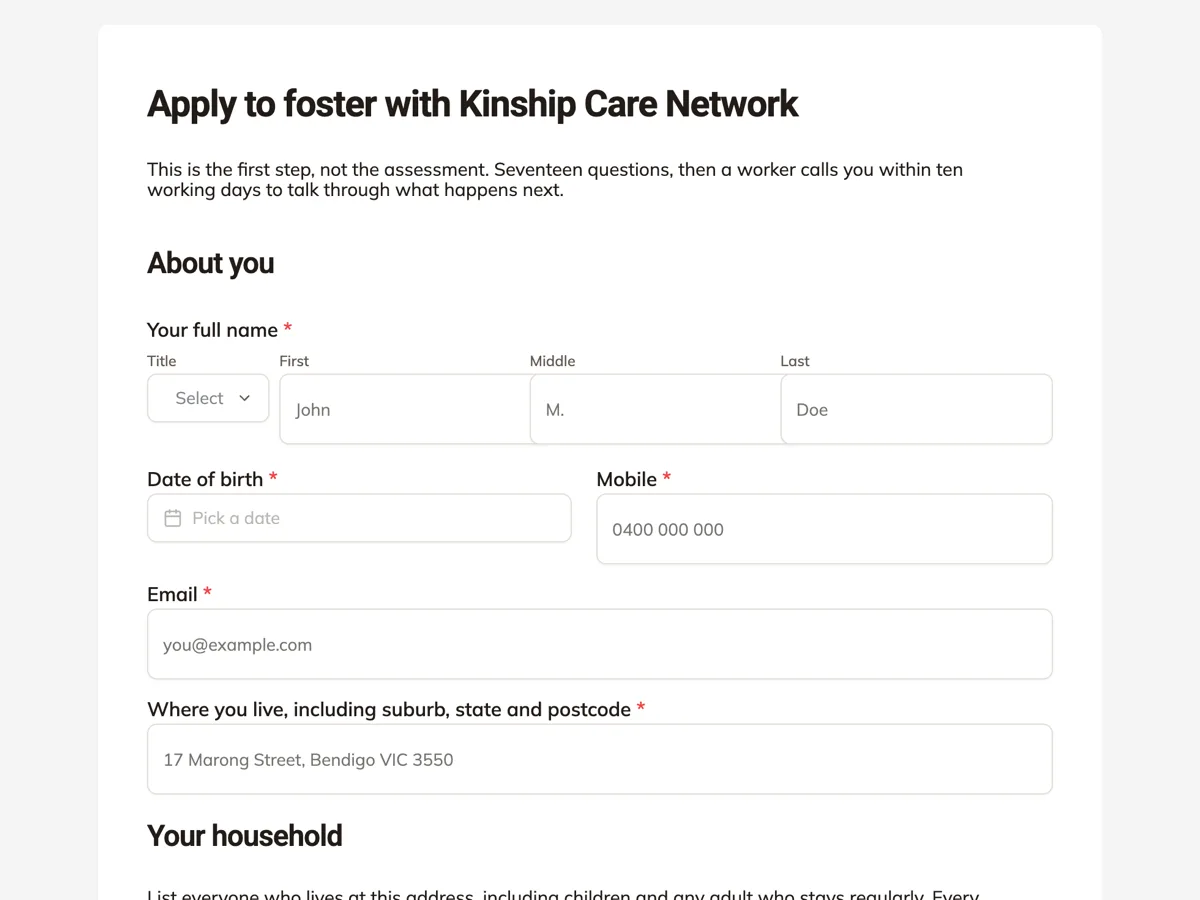 Top of the foster carer application form for a first enquiry, not an assessment example