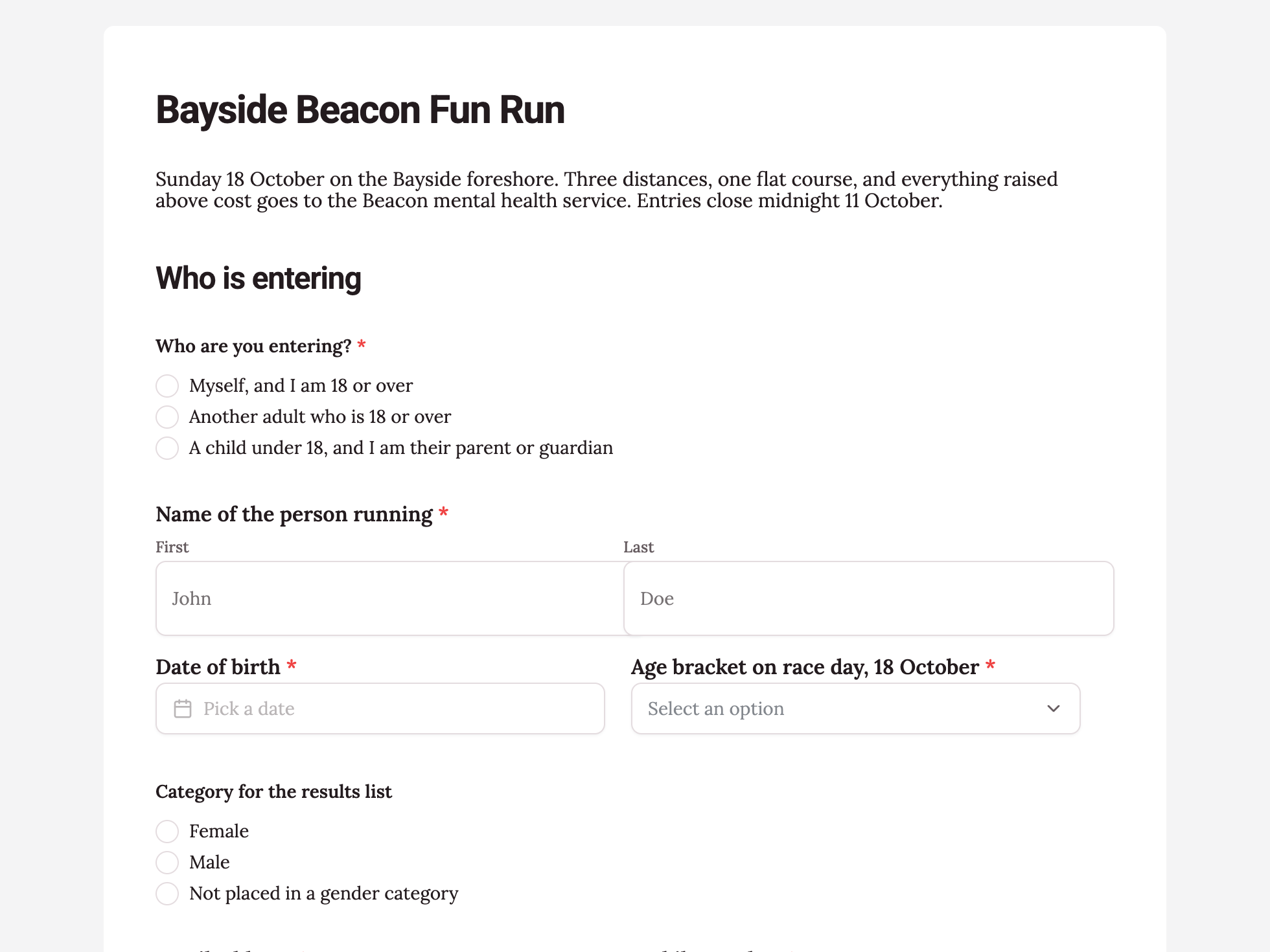 Welcome screen of the fun run entry form example