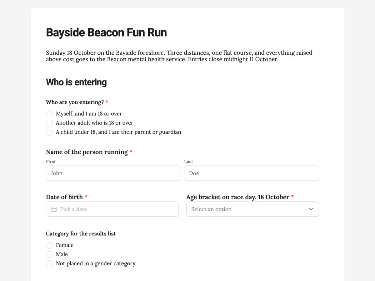 Top of the fun run entry form example