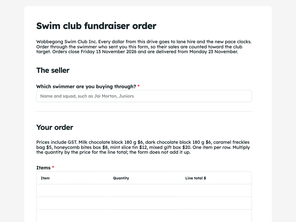 Top of the fundraiser order form with the seller name and line totals example