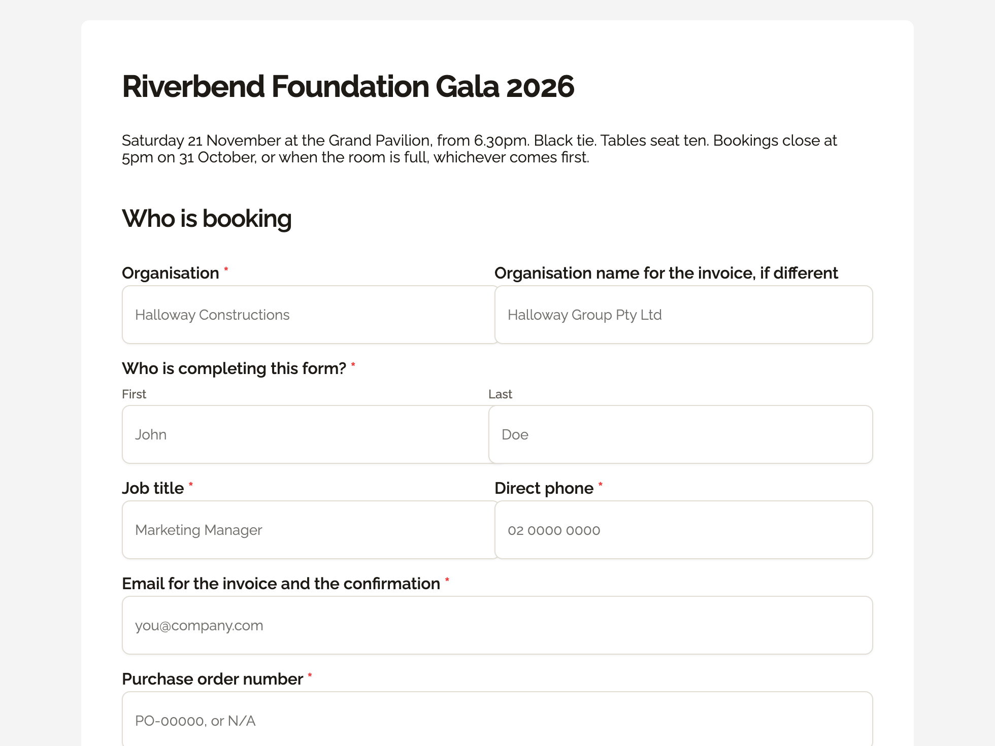 Welcome screen of the gala dinner booking form example