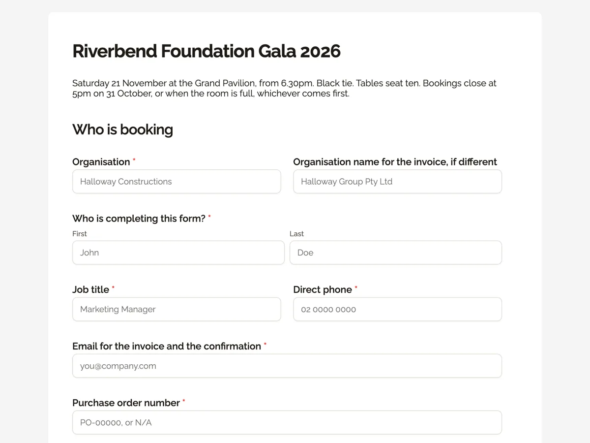 Top of the gala dinner booking form example