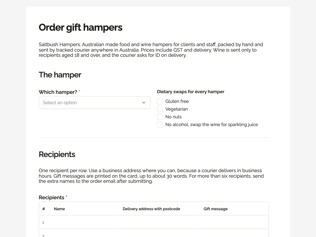 Top of the gift hamper order form with a recipients table and gift messages example