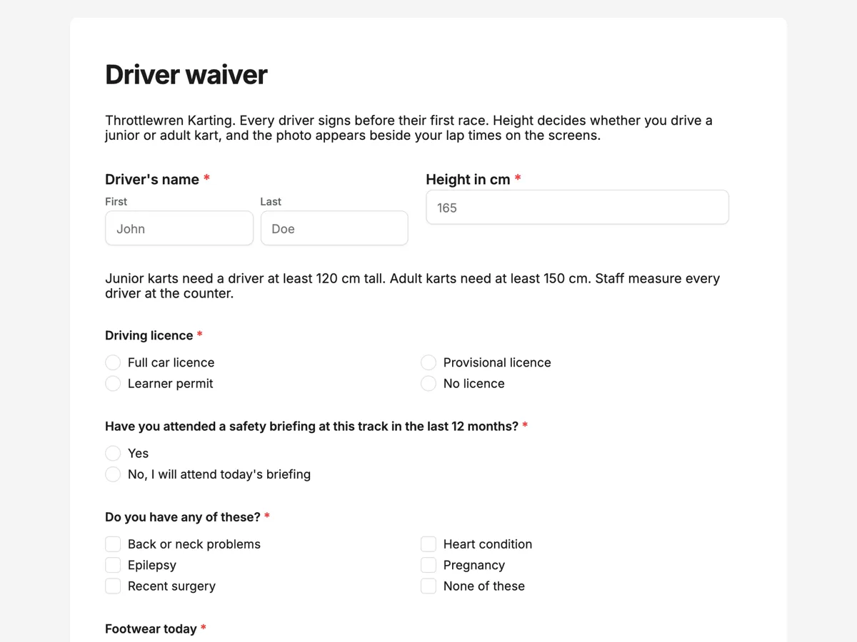 Top of the go kart waiver with licence class, height and safety briefing example