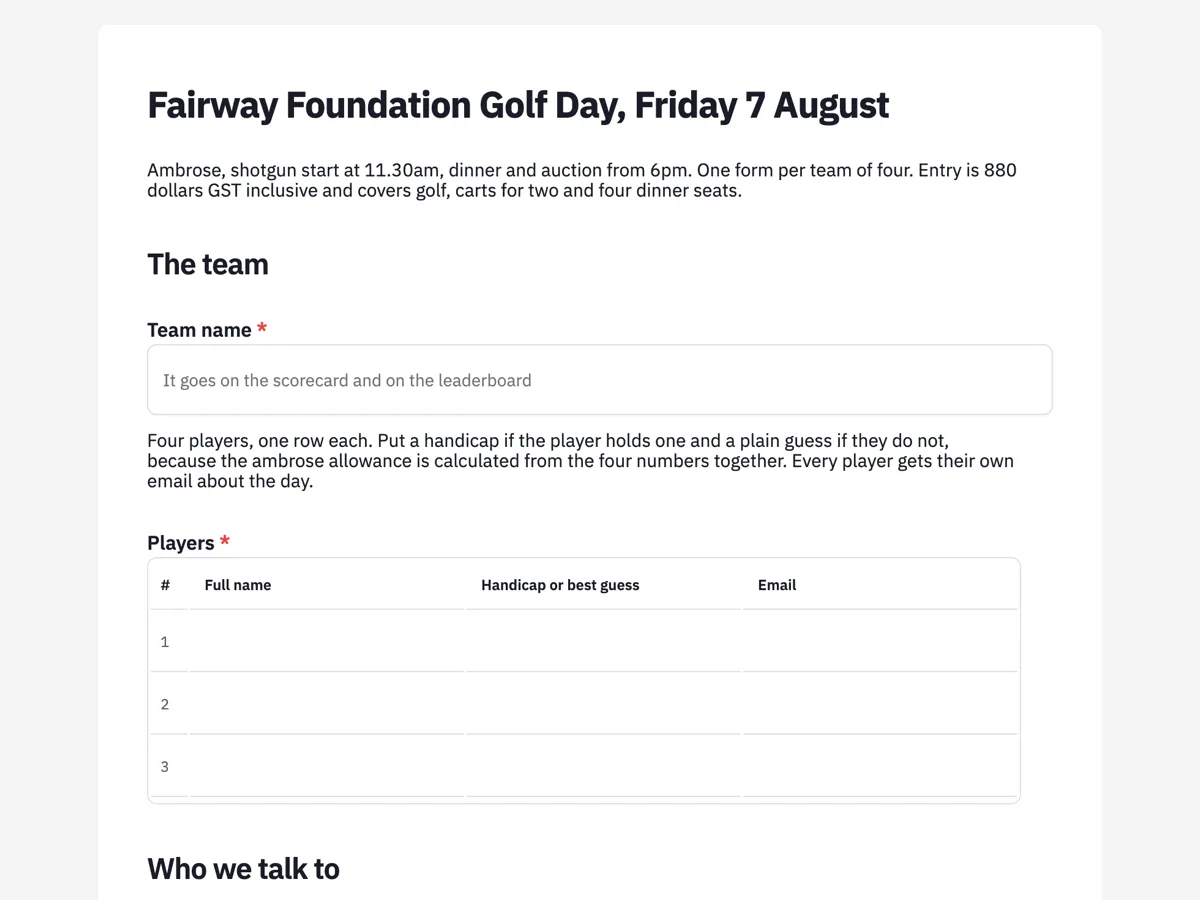 Top of the golf day registration form built around teams of four example