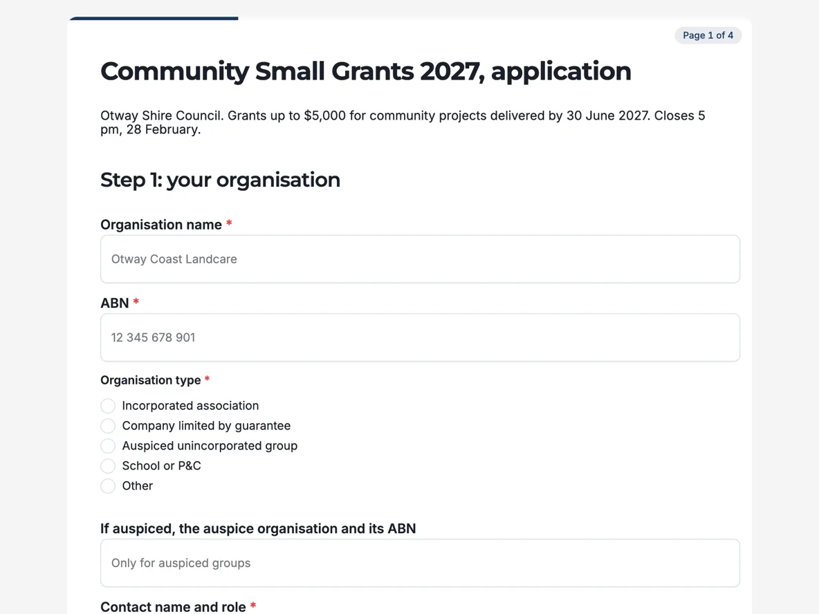 Top of the grant application form with a budget the assessor can compare example