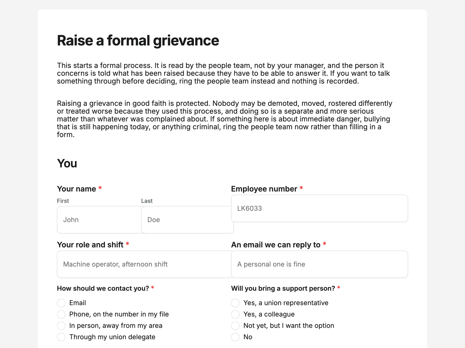 Workplace grievance form example