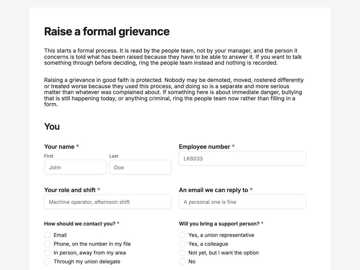 Workplace grievance form example