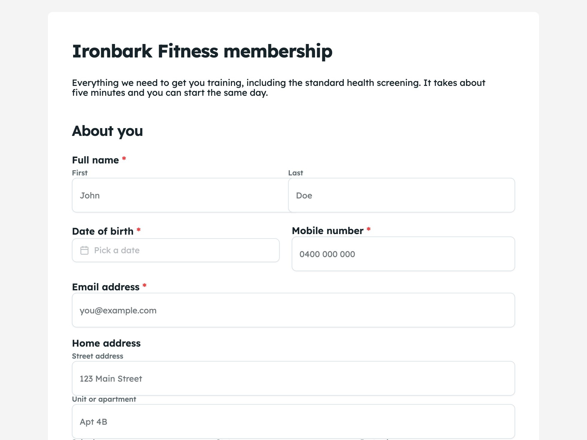 Gym membership form example