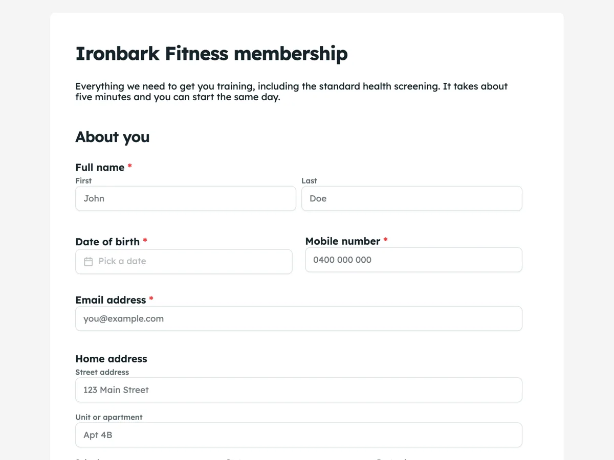 Gym membership form example