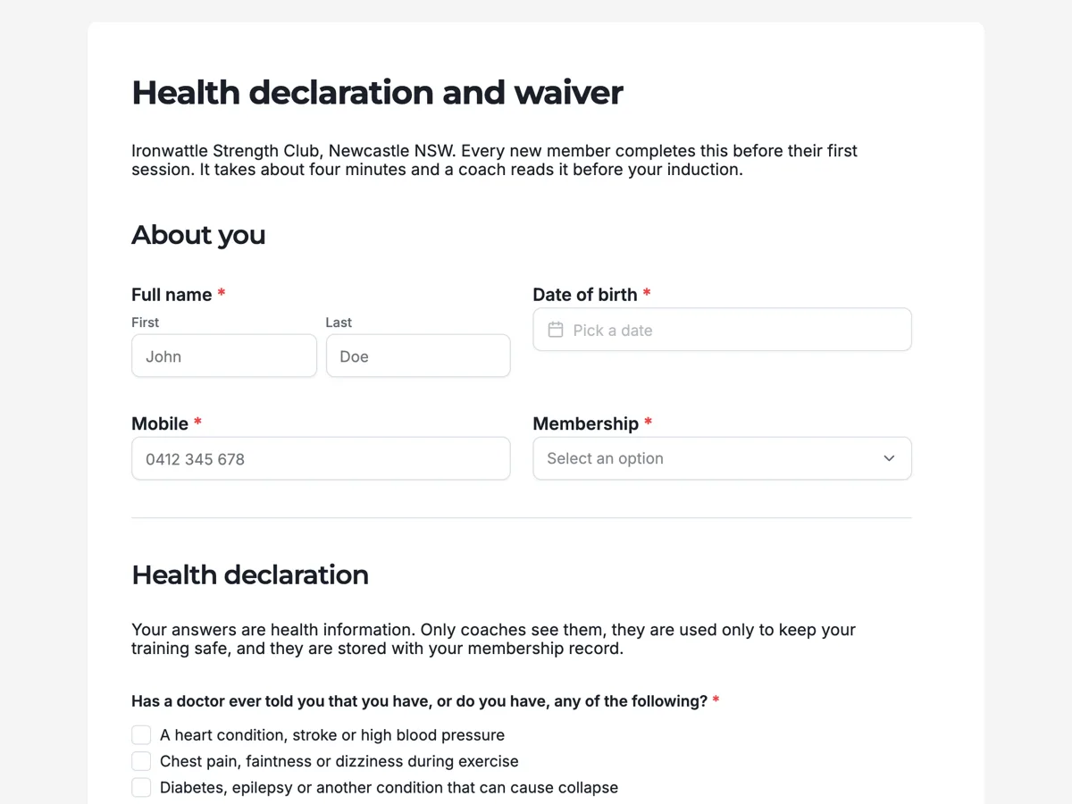 Top of the gym waiver form with a health declaration, signed online at join example