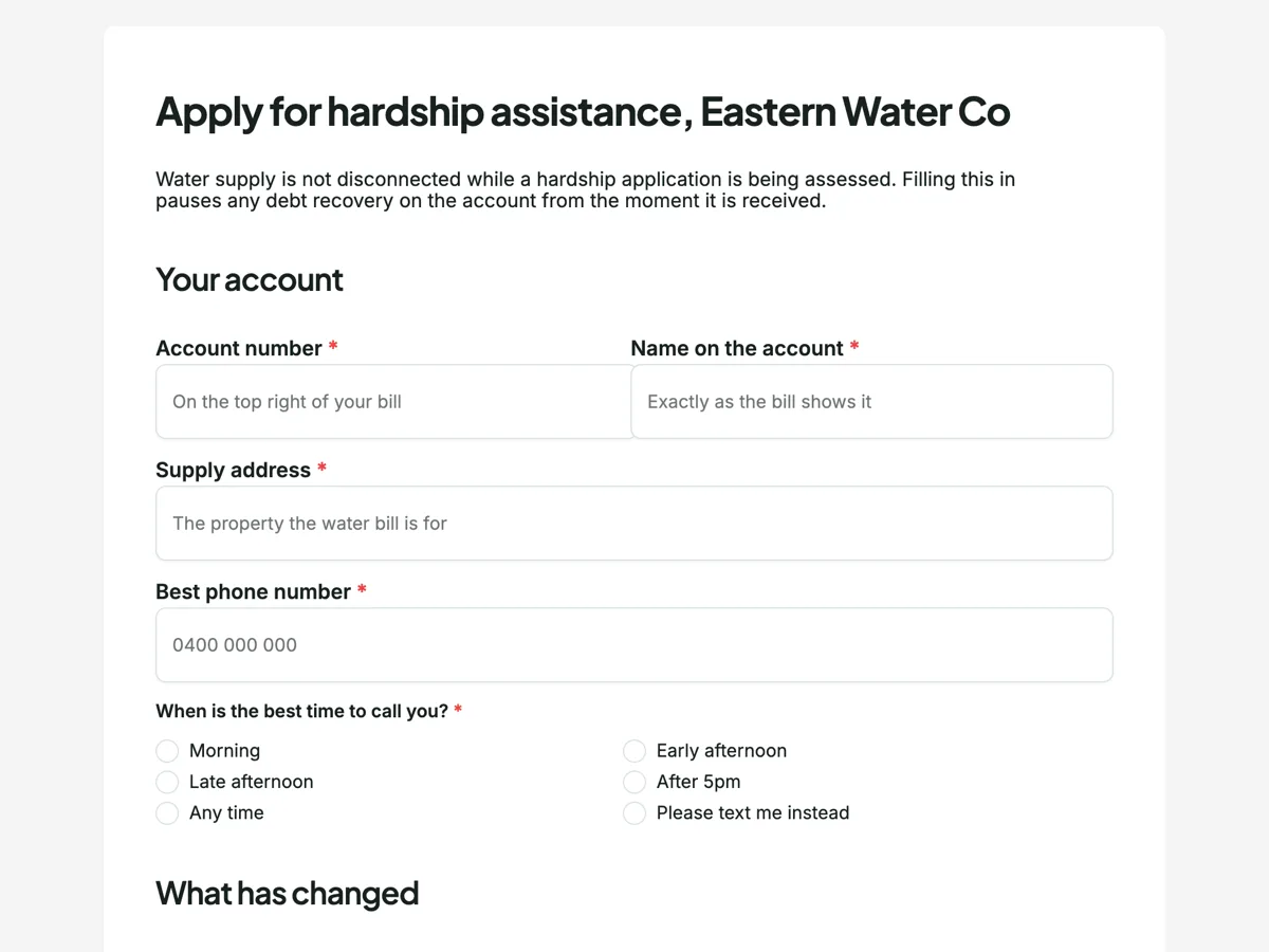 Top of the financial hardship application form with a fortnightly budget on it example