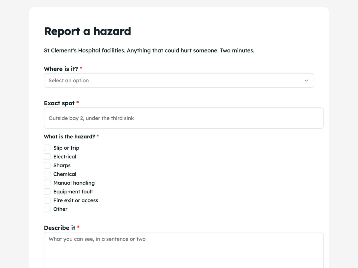 Top of the hazard report form short enough to use example