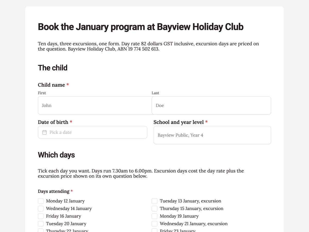 Top of the holiday program registration form with a dated day picker example