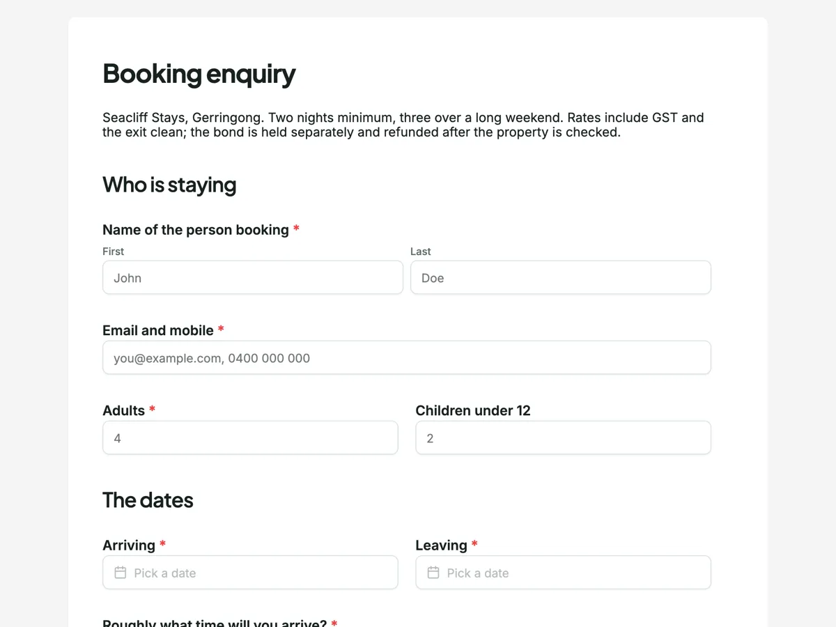 Top of the holiday rental booking form with the house rules accepted up front example