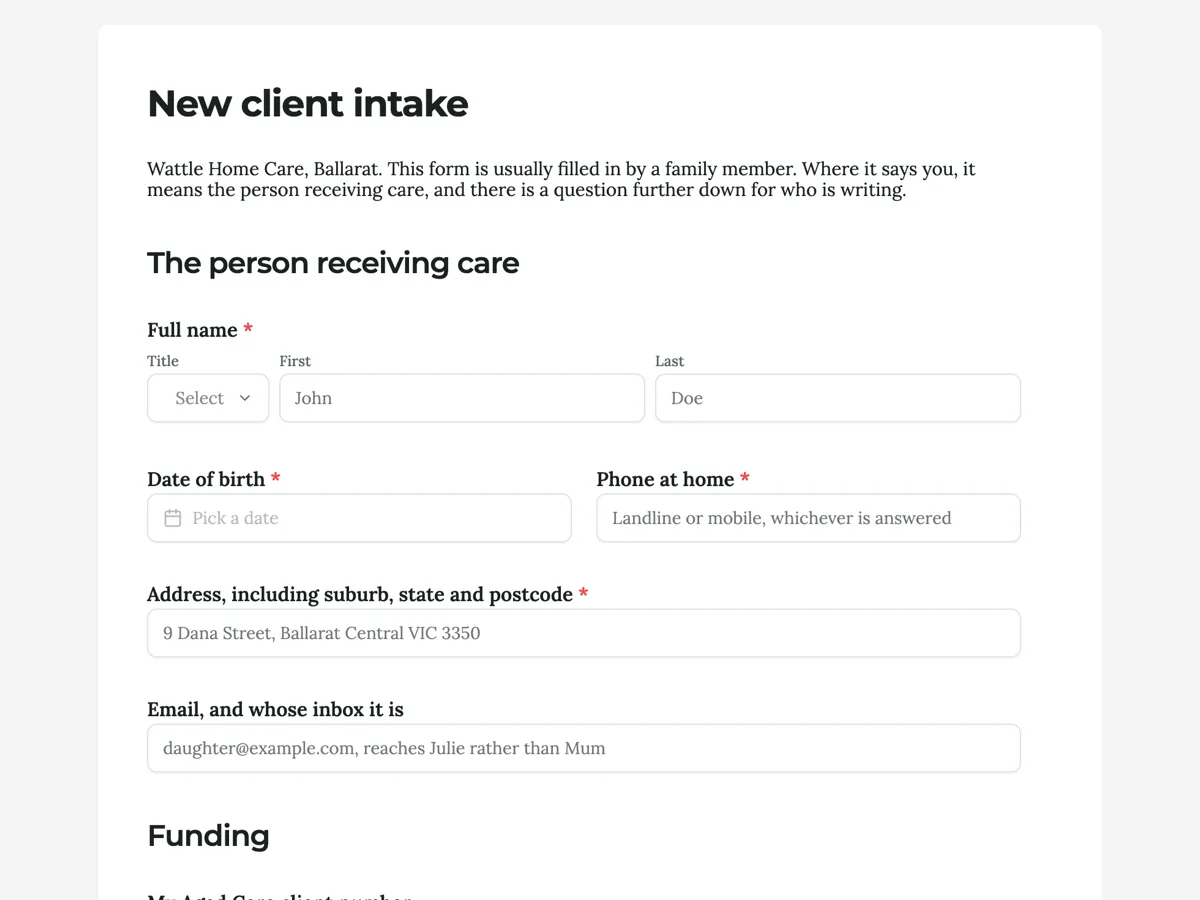 Top of the home care intake form that asks about the house too example
