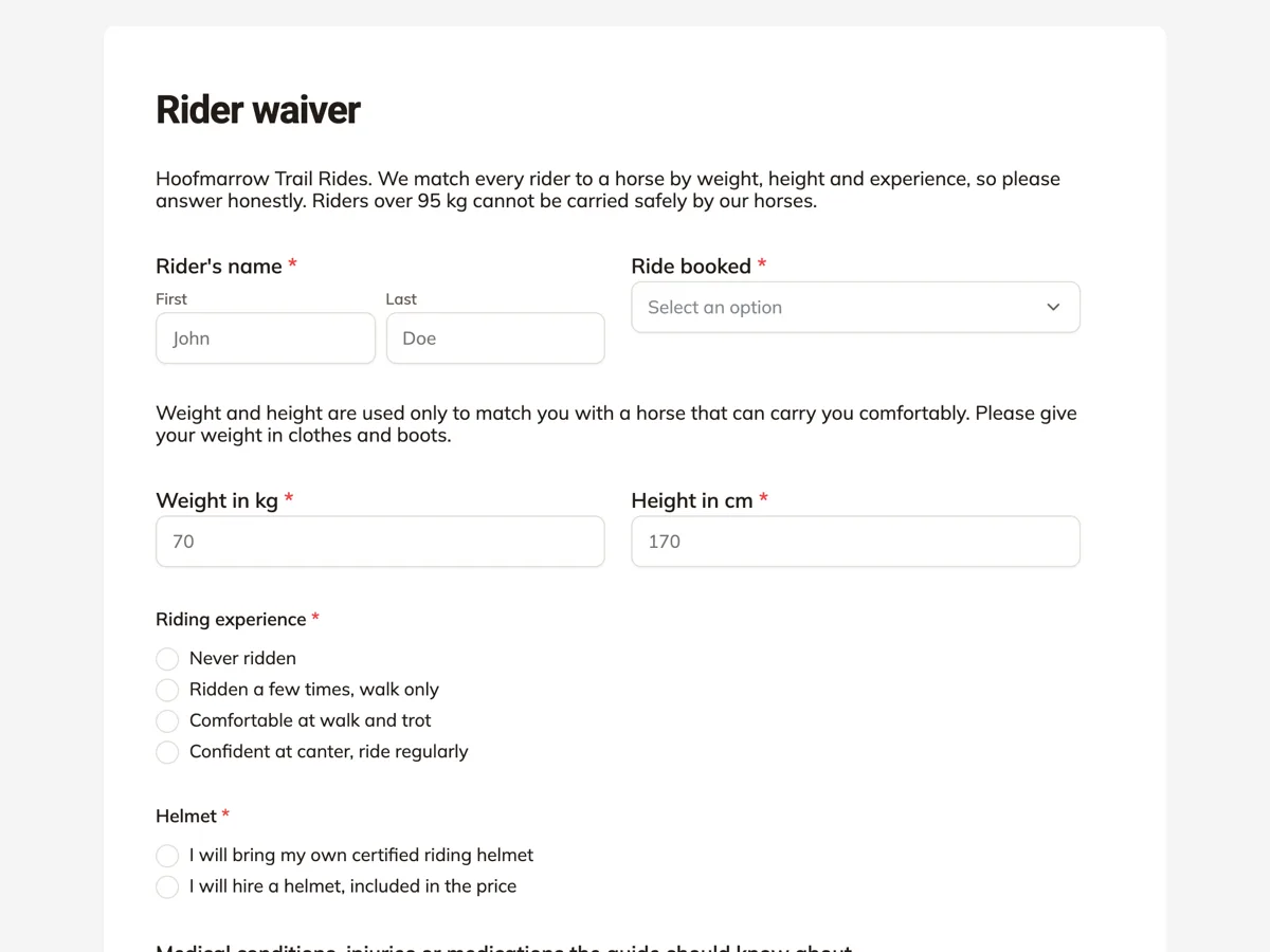 Top of the horse riding waiver with rider weight, height and experience example