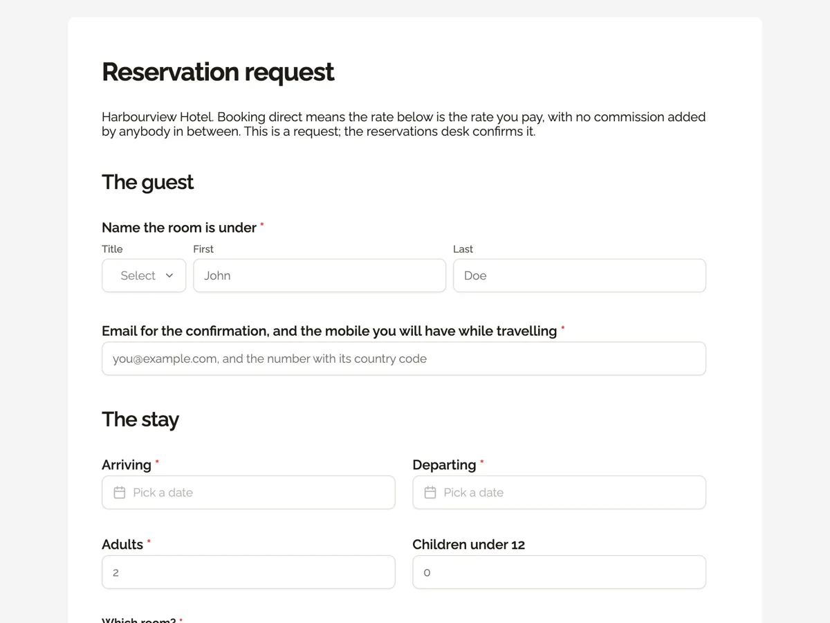 Top of the hotel booking form for a direct reservation request example