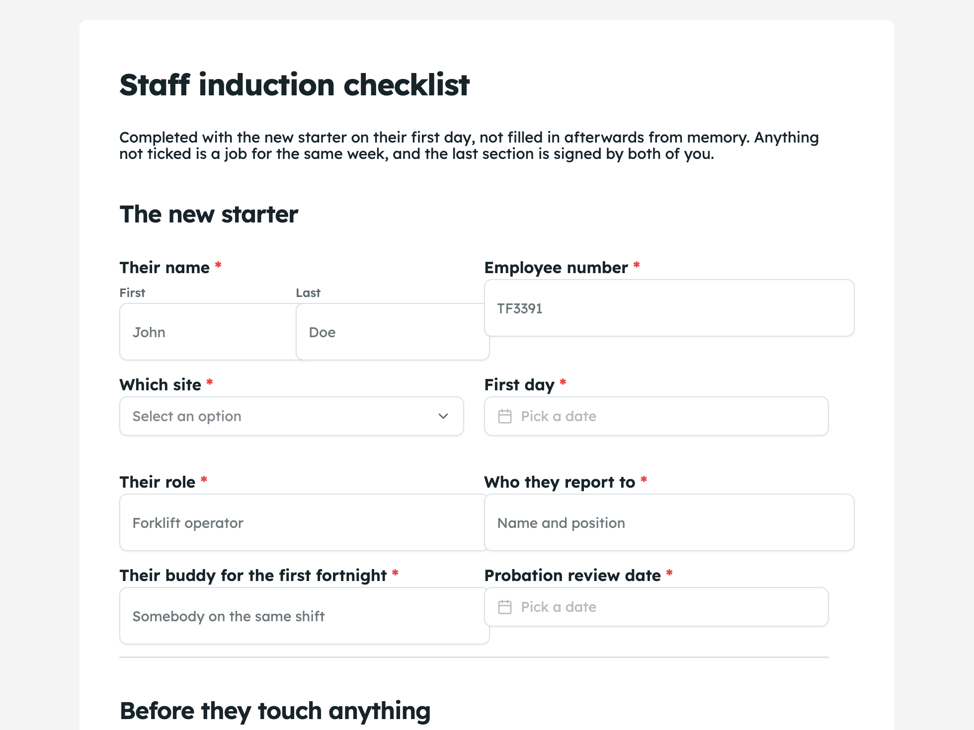 Staff induction form example
