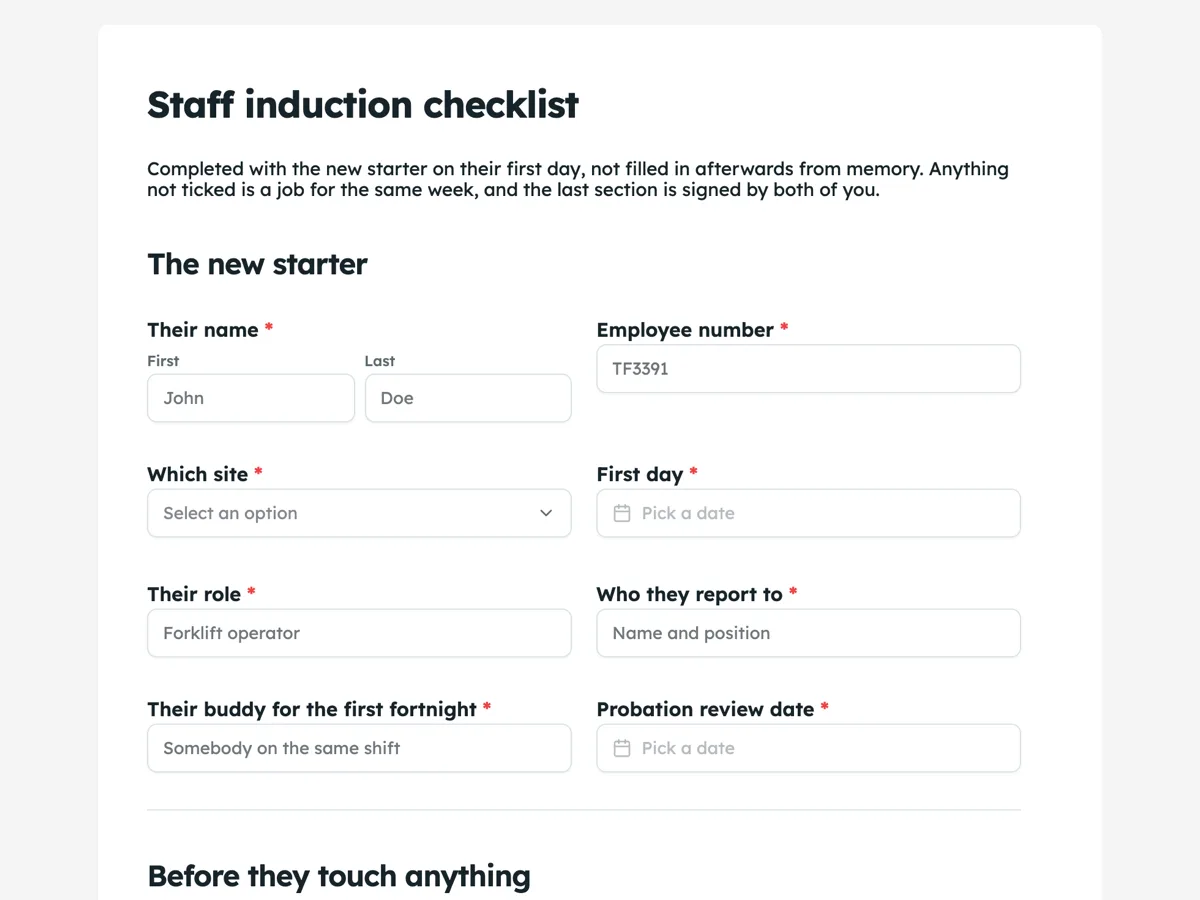 Staff induction form example