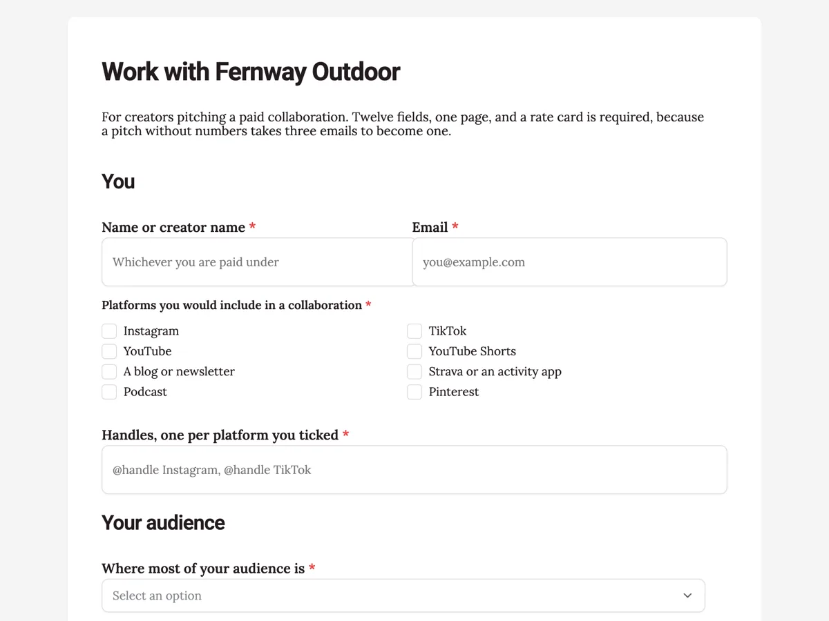 Top of the influencer collaboration form that asks for the rate card up front example