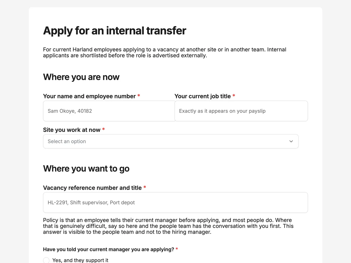 Top of the internal transfer application form with the manager question handled properly example