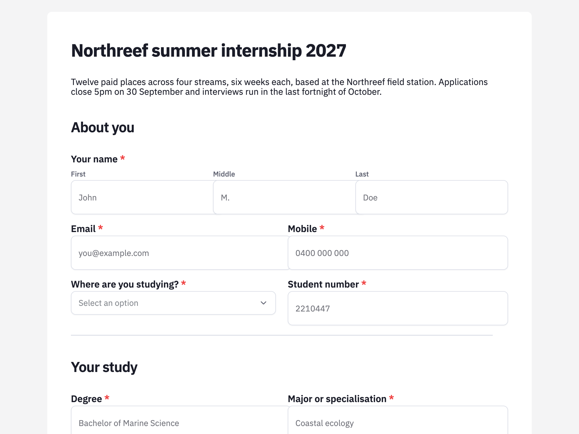Welcome screen of the internship application form example
