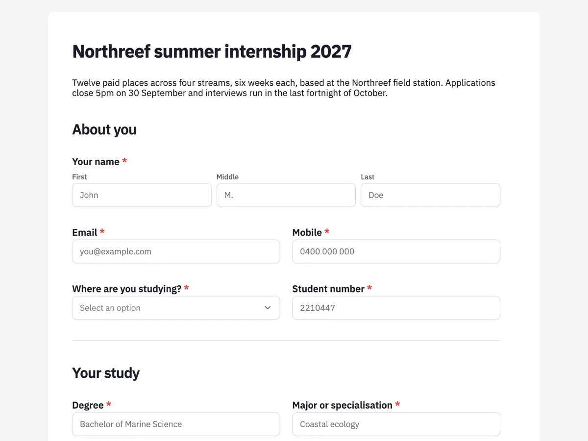 Top of the internship application form example
