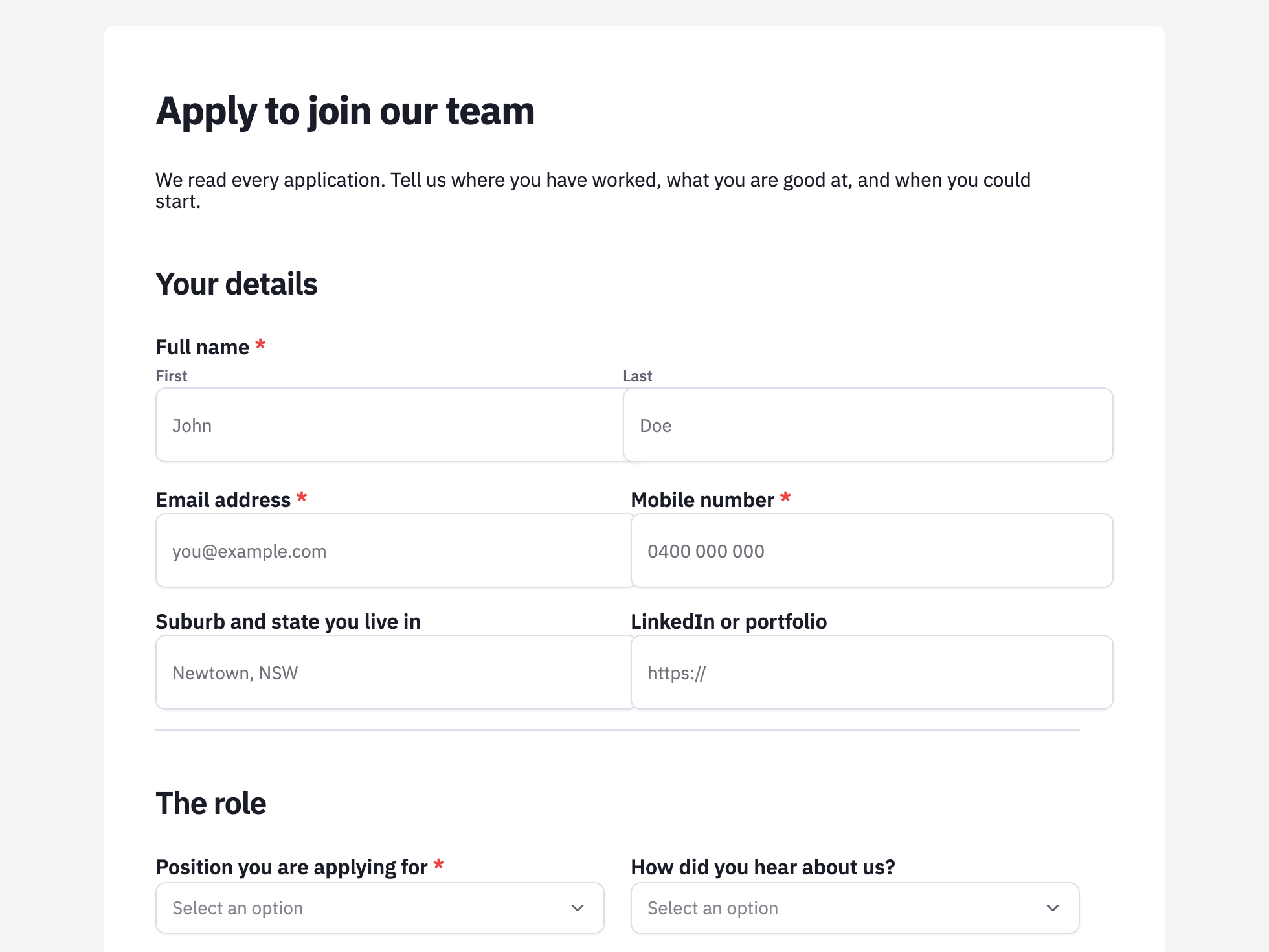 Job application form example
