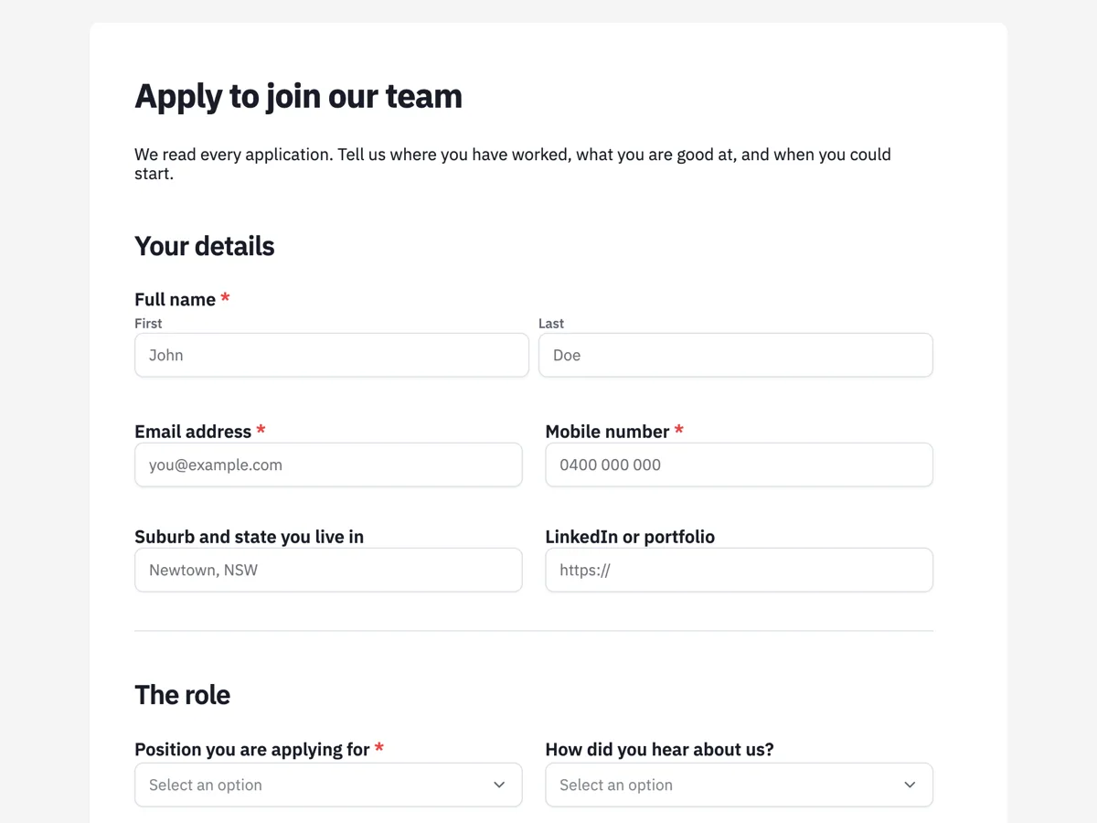 Job application form example