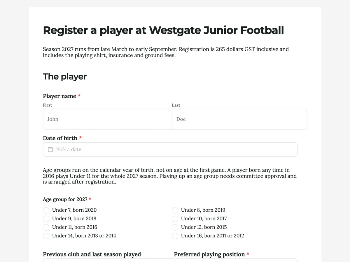 Top of the junior sport registration form with age groups spelled out example